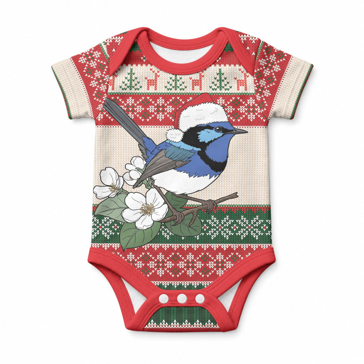 Aussie Fairy-wren Christmas Baby Onesie Festive Knitted Pattern Inspired