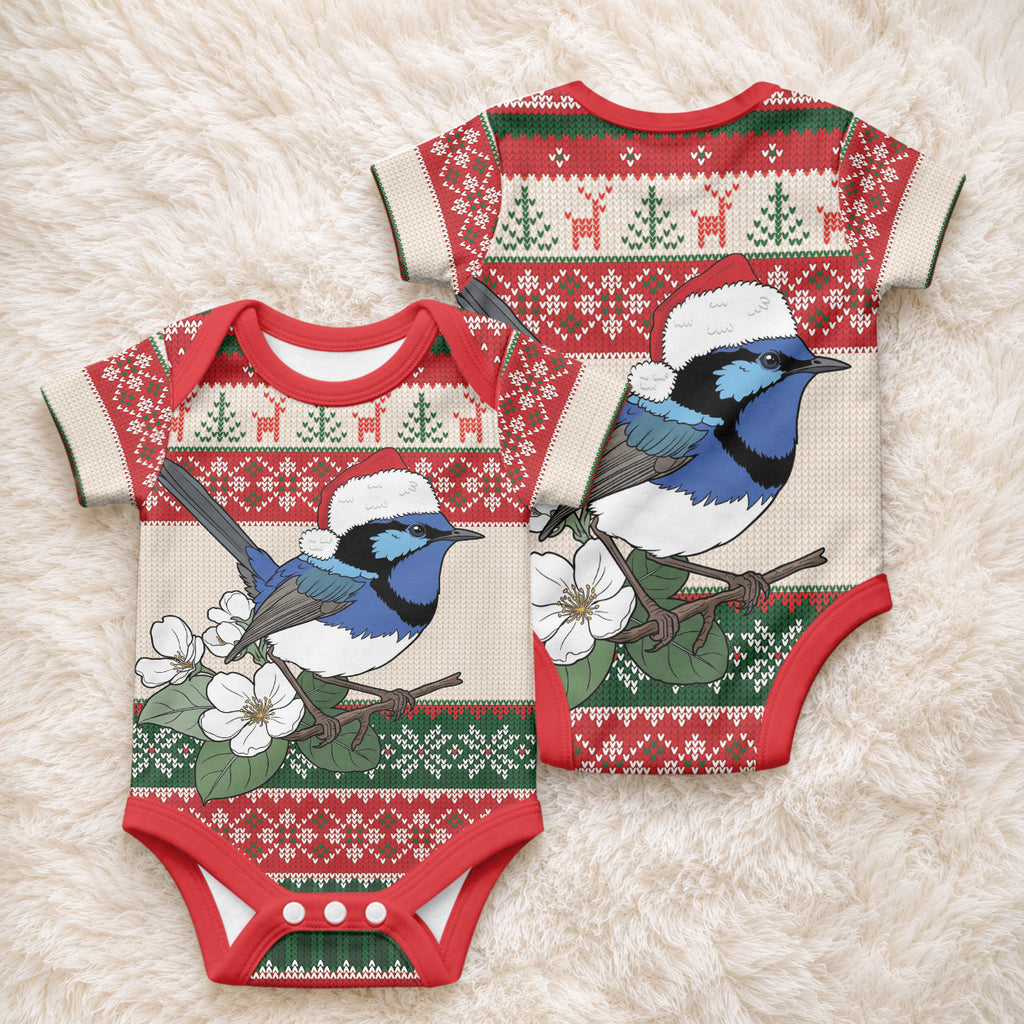 Aussie Fairy-wren Christmas Baby Onesie Festive Knitted Pattern Inspired