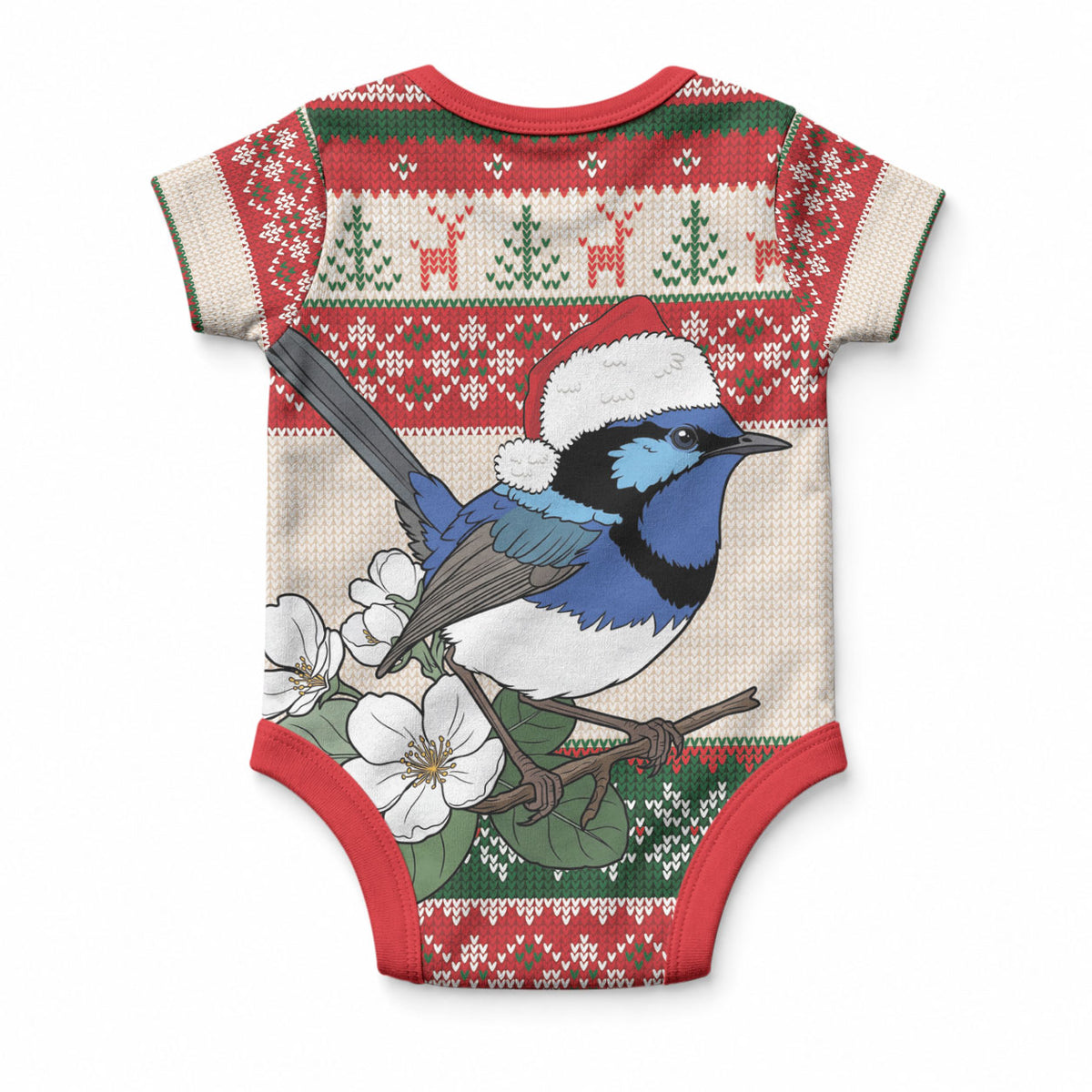 Aussie Fairy-wren Christmas Baby Onesie Festive Knitted Pattern Inspired
