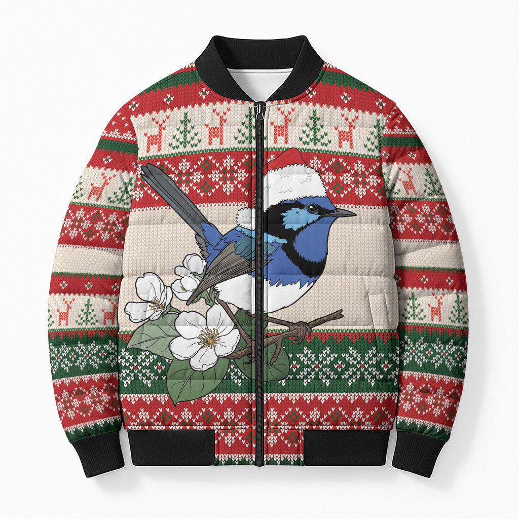 Aussie Fairy-wren Christmas Bomber Puffer Jacket Festive Knitted Pattern Inspired