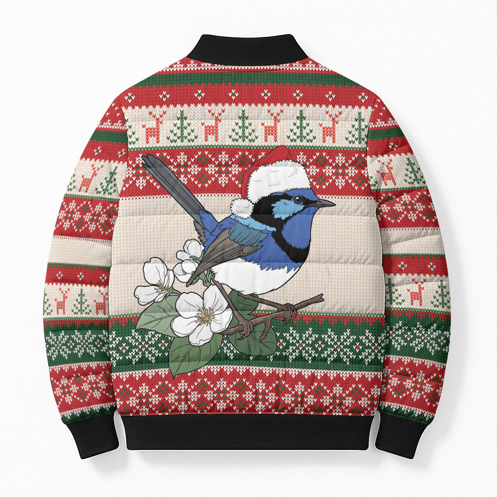 Aussie Fairy-wren Christmas Bomber Puffer Jacket Festive Knitted Pattern Inspired