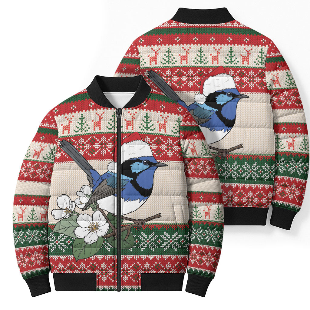 Aussie Fairy-wren Christmas Bomber Puffer Jacket Festive Knitted Pattern Inspired