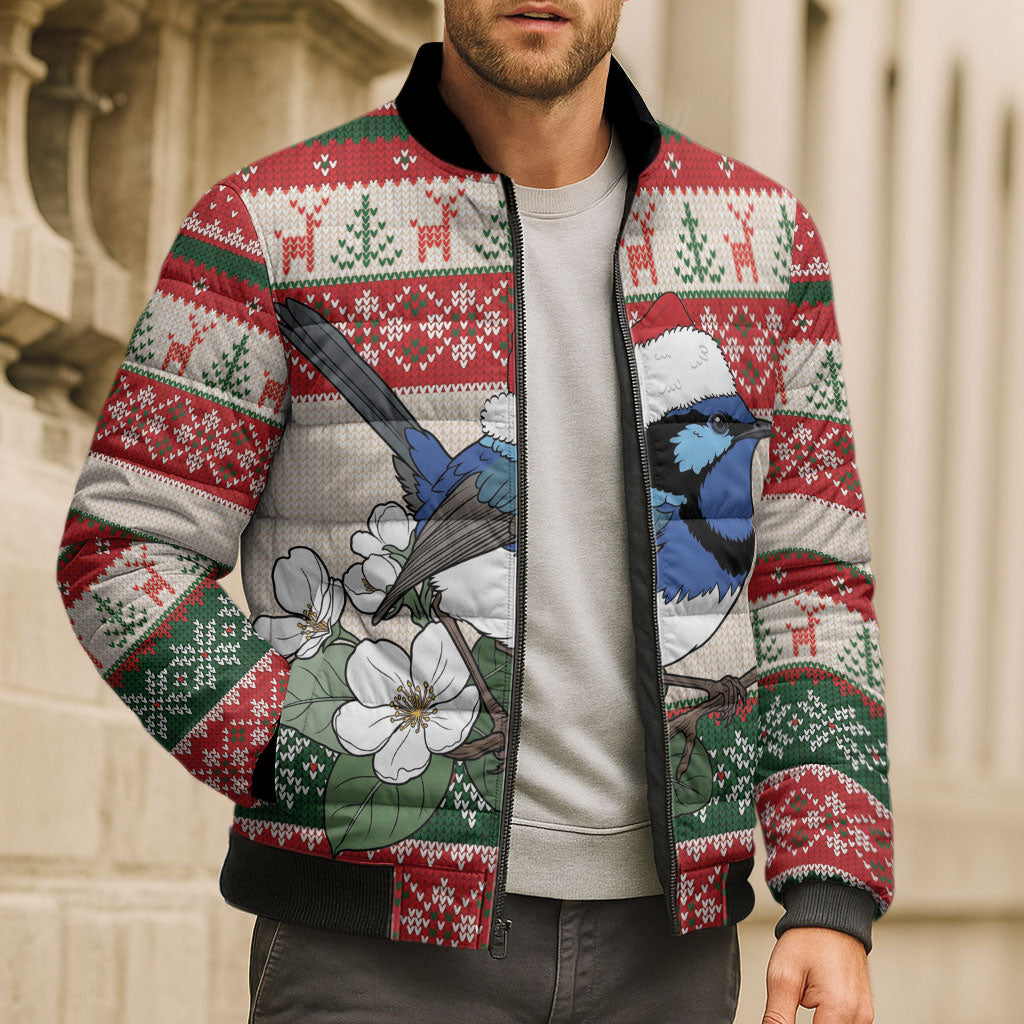Aussie Fairy-wren Christmas Bomber Puffer Jacket Festive Knitted Pattern Inspired