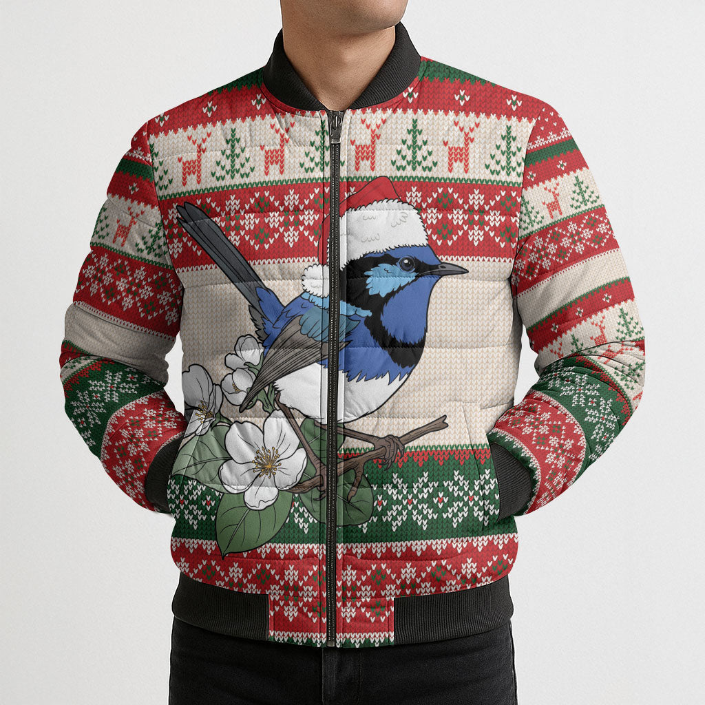 Aussie Fairy-wren Christmas Bomber Puffer Jacket Festive Knitted Pattern Inspired