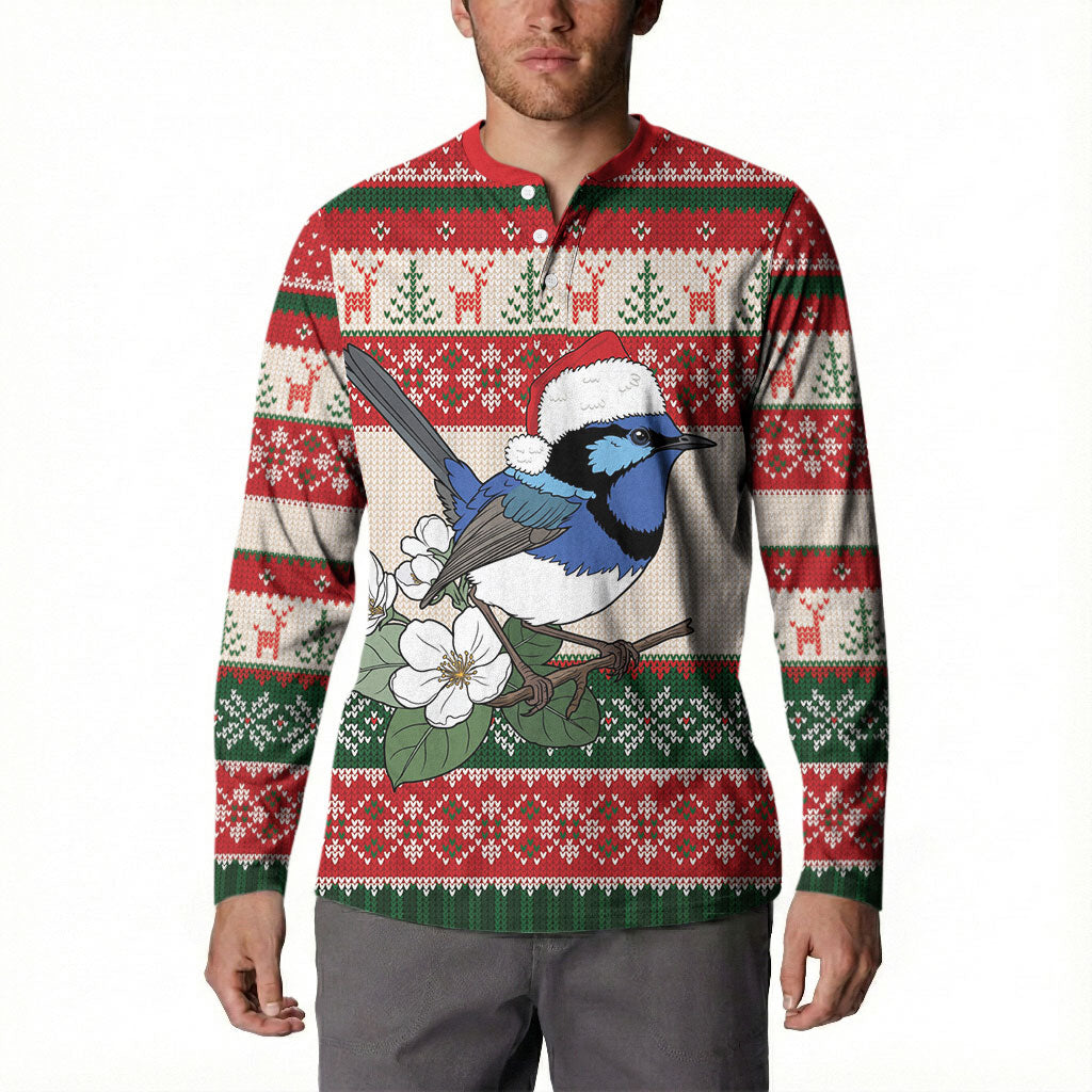 Aussie Fairy-wren Christmas Button Sweatshirt Festive Knitted Pattern Inspired