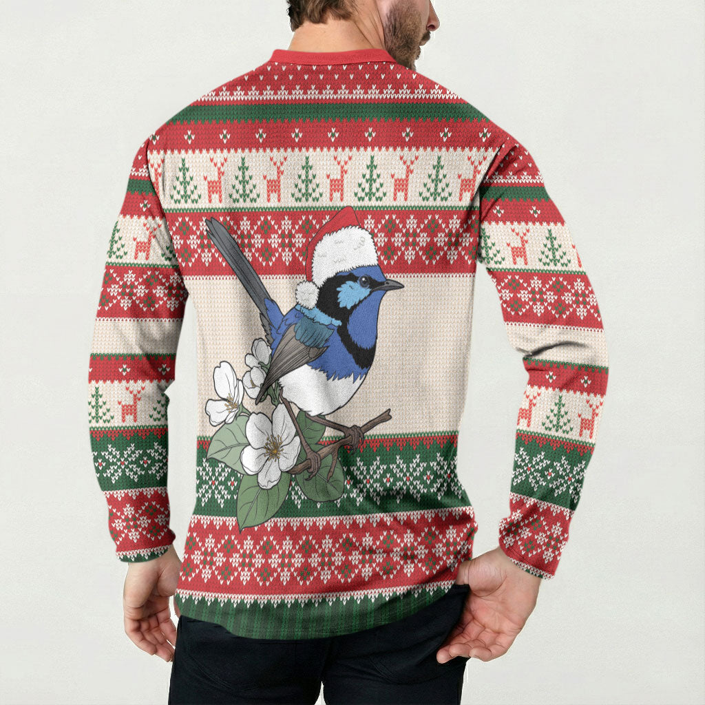 Aussie Fairy-wren Christmas Button Sweatshirt Festive Knitted Pattern Inspired