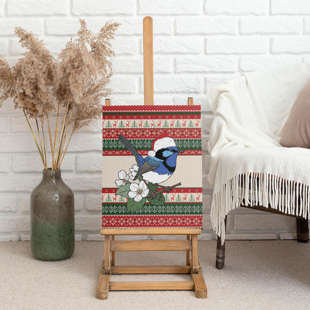 Aussie Fairy-wren Christmas Canvas Wall Art Festive Knitted Pattern Inspired