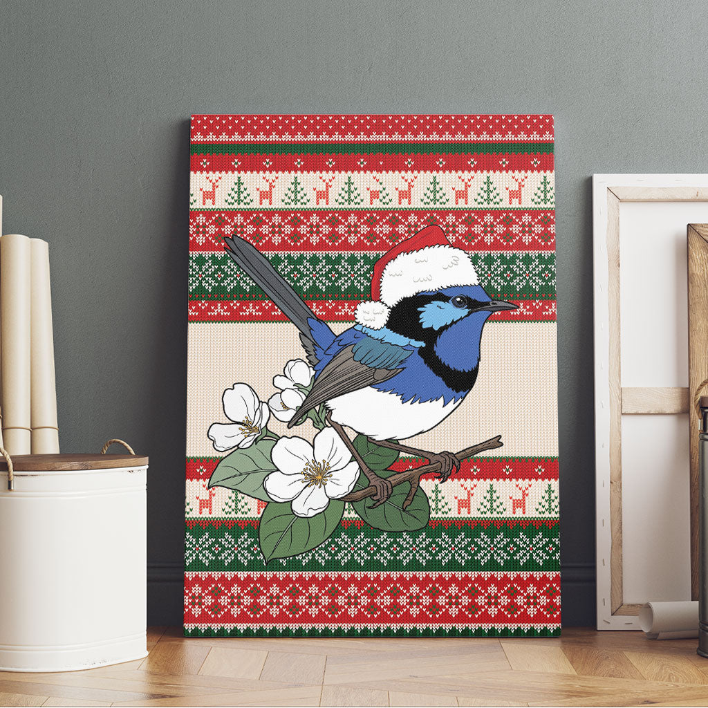 Aussie Fairy-wren Christmas Canvas Wall Art Festive Knitted Pattern Inspired