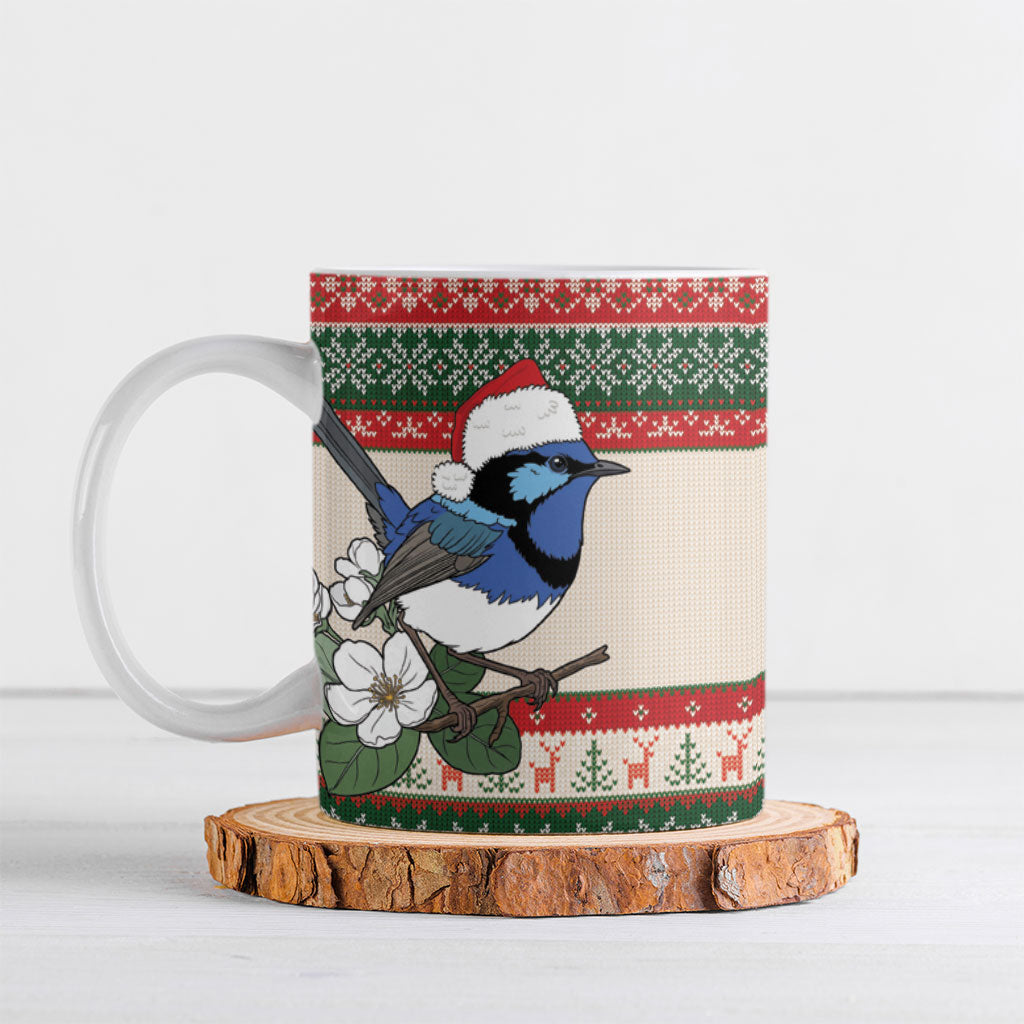 Aussie Fairy-wren Christmas Ceramic Mug Festive Knitted Pattern Inspired