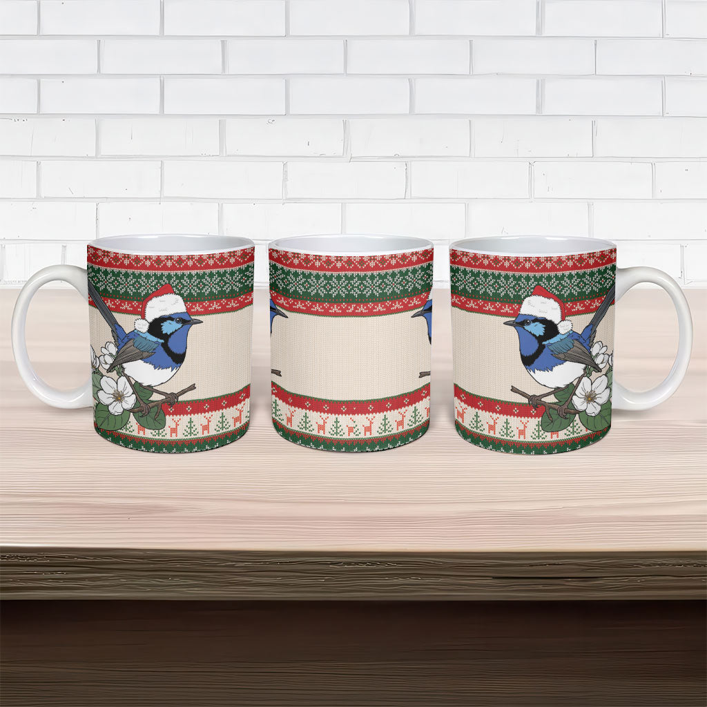 Aussie Fairy-wren Christmas Ceramic Mug Festive Knitted Pattern Inspired