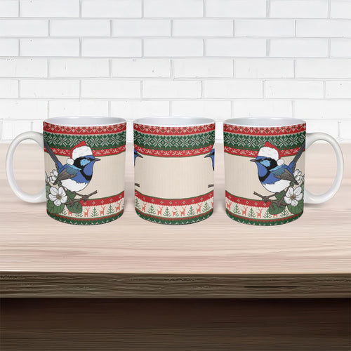 Aussie Fairy-wren Christmas Ceramic Mug Festive Knitted Pattern Inspired