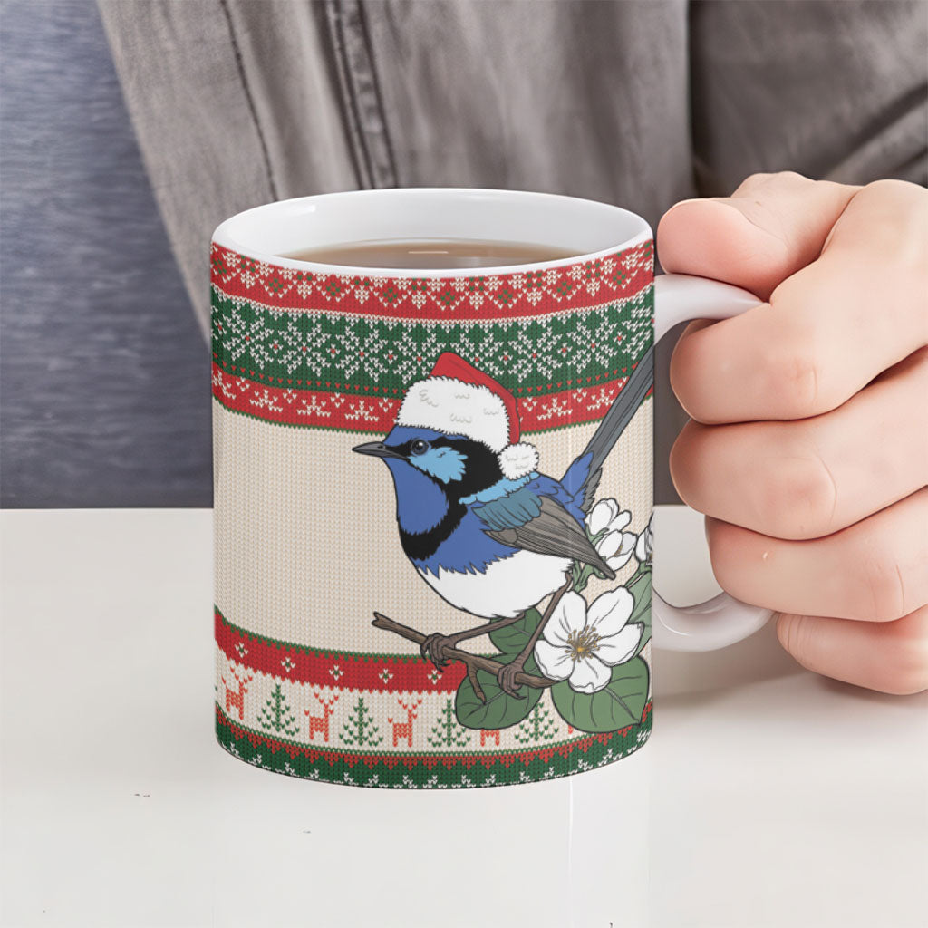 Aussie Fairy-wren Christmas Ceramic Mug Festive Knitted Pattern Inspired