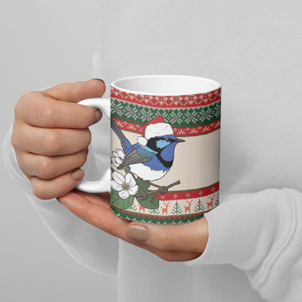 Aussie Fairy-wren Christmas Ceramic Mug Festive Knitted Pattern Inspired