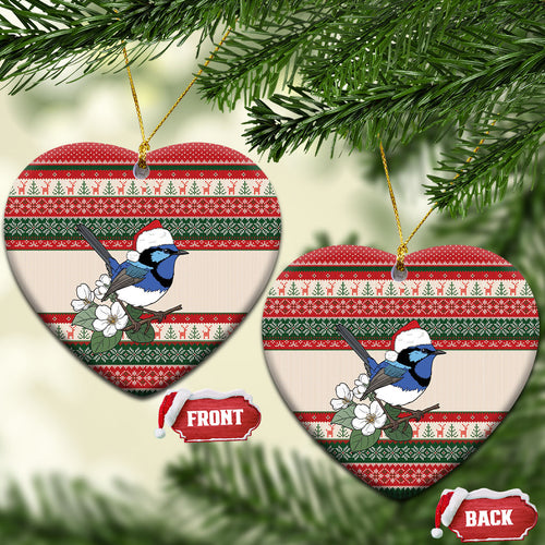 Aussie Fairy-wren Christmas Ceramic Ornament Festive Knitted Pattern Inspired