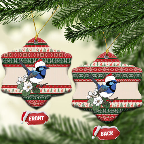 Aussie Fairy-wren Christmas Ceramic Ornament Festive Knitted Pattern Inspired