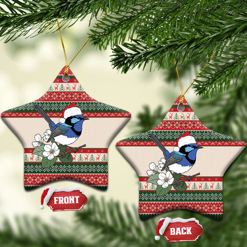 Aussie Fairy-wren Christmas Ceramic Ornament Festive Knitted Pattern Inspired