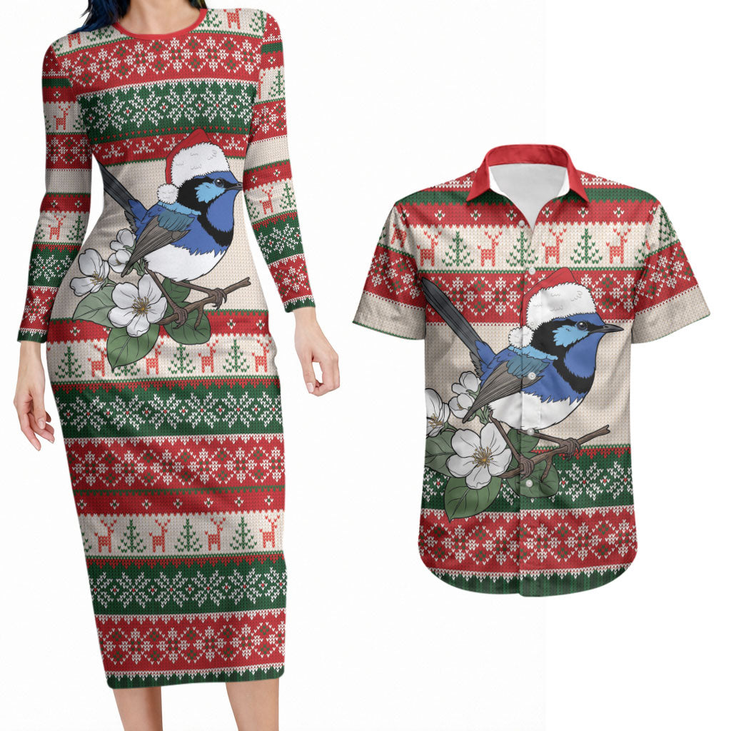 Aussie Fairy-wren Christmas Couples Matching Long Sleeve Bodycon Dress and Hawaiian Shirt Festive Knitted Pattern Inspired