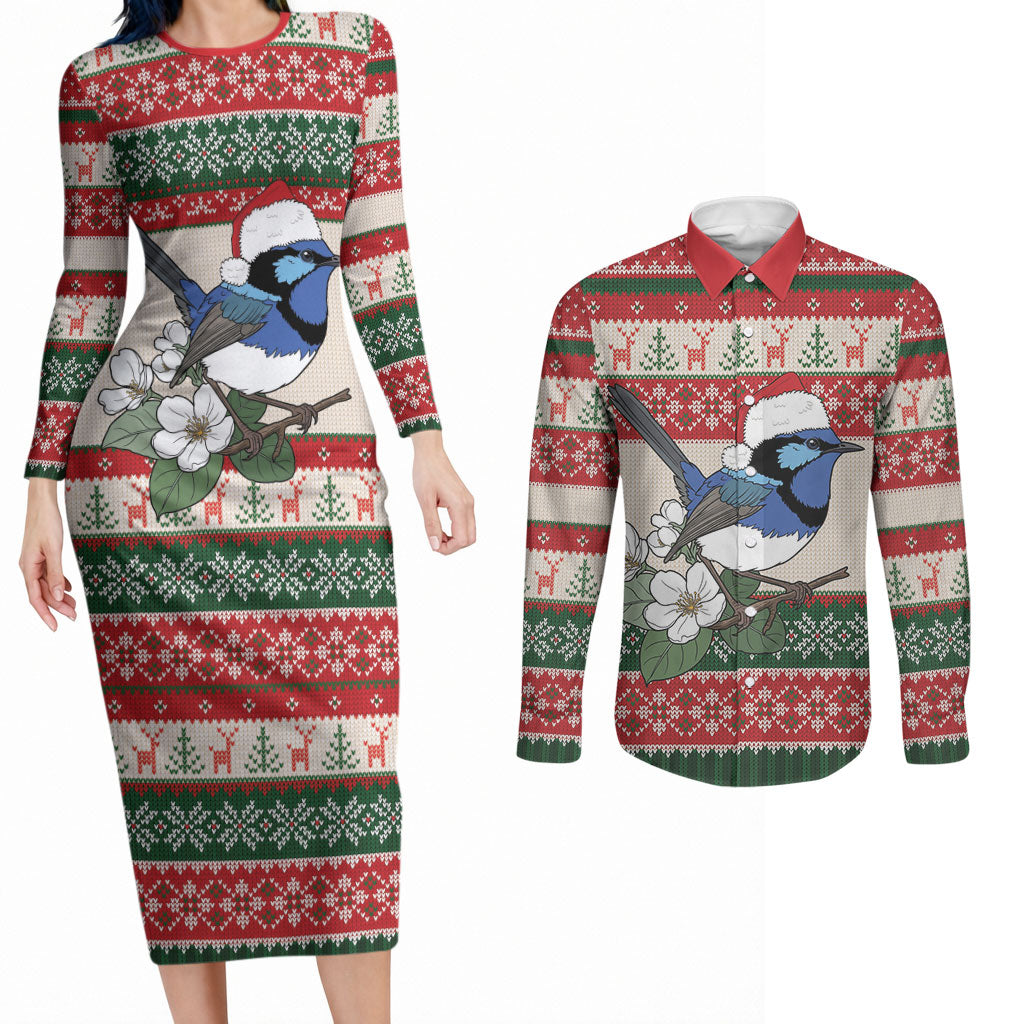 Aussie Fairy-wren Christmas Couples Matching Long Sleeve Bodycon Dress and Long Sleeve Button Shirt Festive Knitted Pattern Inspired