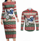 Aussie Fairy-wren Christmas Couples Matching Long Sleeve Bodycon Dress and Long Sleeve Button Shirt Festive Knitted Pattern Inspired