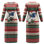 Aussie Fairy-wren Christmas Couples Matching Long Sleeve Bodycon Dress and Long Sleeve Button Shirt Festive Knitted Pattern Inspired