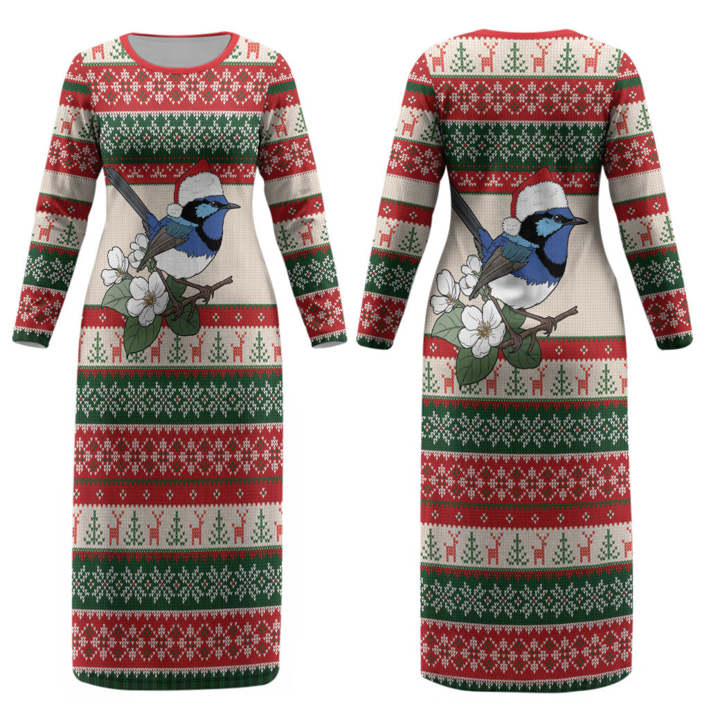 Aussie Fairy-wren Christmas Couples Matching Long Sleeve Bodycon Dress and Long Sleeve Button Shirt Festive Knitted Pattern Inspired