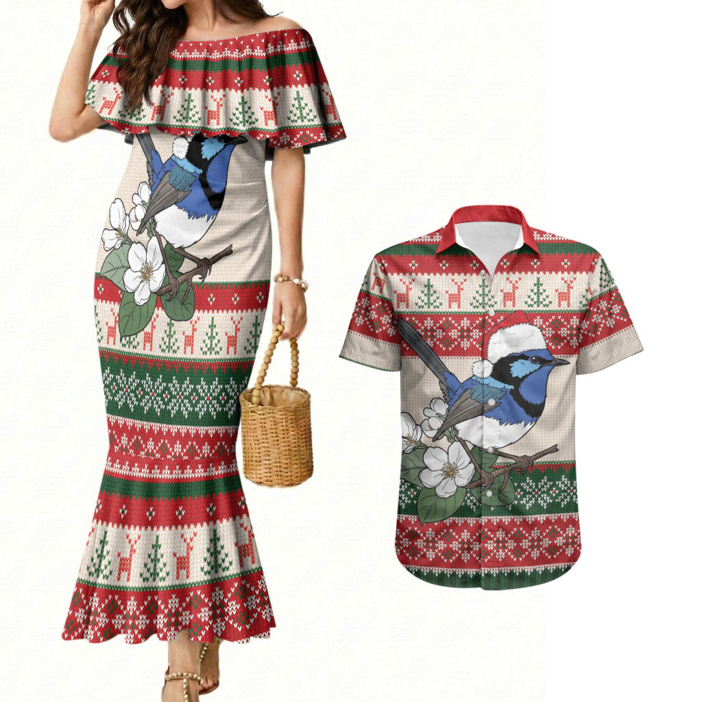 Aussie Fairy-wren Christmas Couples Matching Mermaid Dress and Hawaiian Shirt Festive Knitted Pattern Inspired