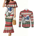 Aussie Fairy-wren Christmas Couples Matching Mermaid Dress and Long Sleeve Button Shirt Festive Knitted Pattern Inspired