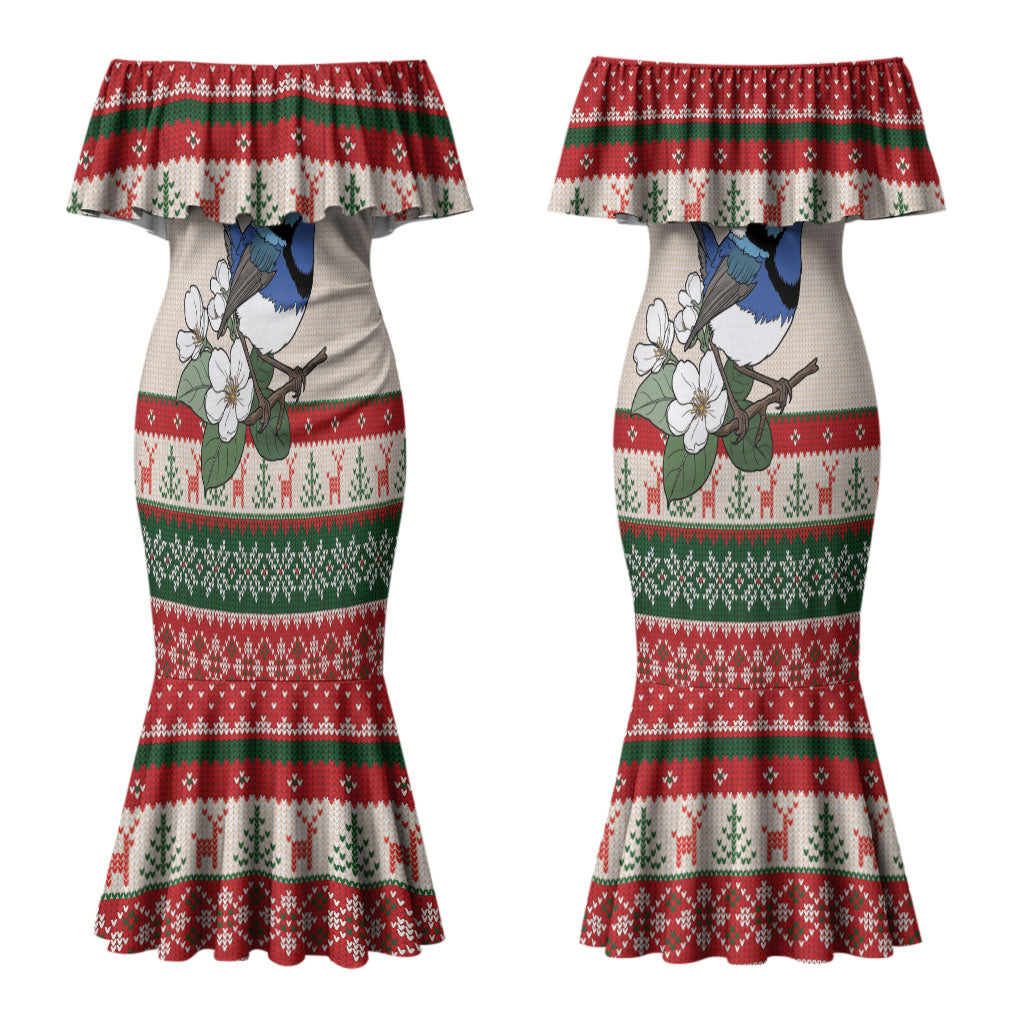 Aussie Fairy-wren Christmas Couples Matching Mermaid Dress and Long Sleeve Button Shirt Festive Knitted Pattern Inspired