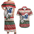 Aussie Fairy-wren Christmas Couples Matching Off Shoulder Maxi Dress and Hawaiian Shirt Festive Knitted Pattern Inspired