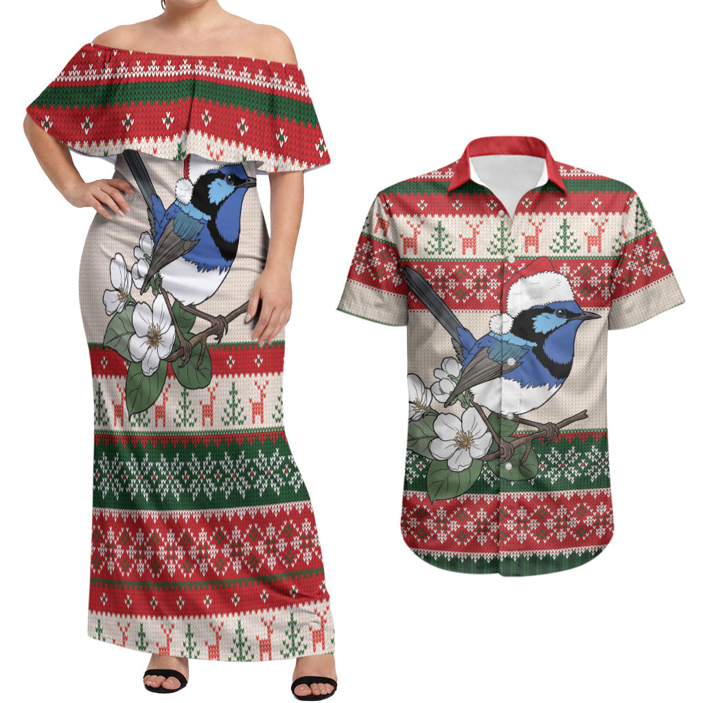 Aussie Fairy-wren Christmas Couples Matching Off Shoulder Maxi Dress and Hawaiian Shirt Festive Knitted Pattern Inspired