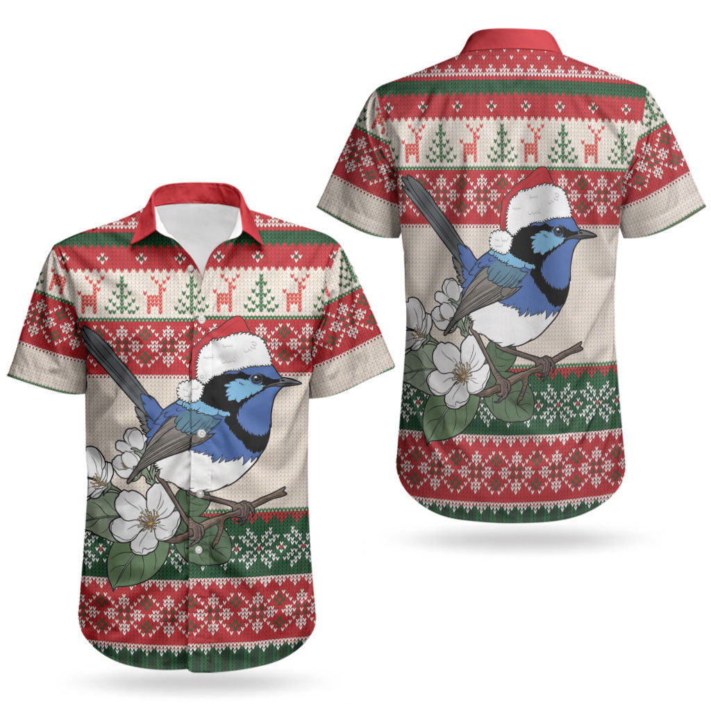 Aussie Fairy-wren Christmas Couples Matching Off Shoulder Maxi Dress and Hawaiian Shirt Festive Knitted Pattern Inspired