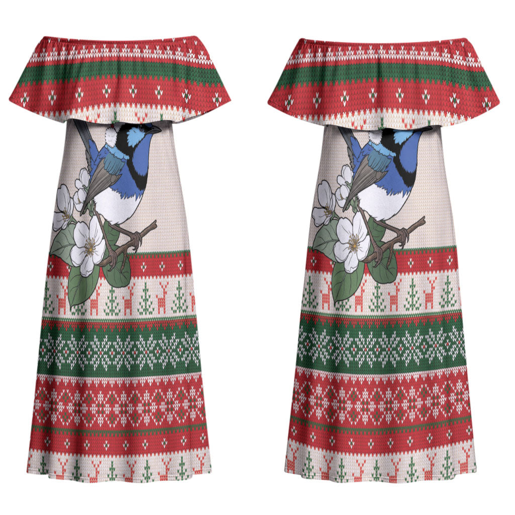 Aussie Fairy-wren Christmas Couples Matching Off Shoulder Maxi Dress and Hawaiian Shirt Festive Knitted Pattern Inspired