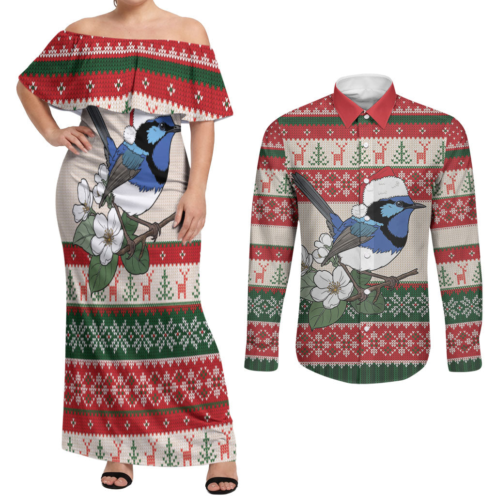 Aussie Fairy-wren Christmas Couples Matching Off Shoulder Maxi Dress and Long Sleeve Button Shirt Festive Knitted Pattern Inspired