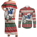 Aussie Fairy-wren Christmas Couples Matching Off Shoulder Maxi Dress and Long Sleeve Button Shirt Festive Knitted Pattern Inspired