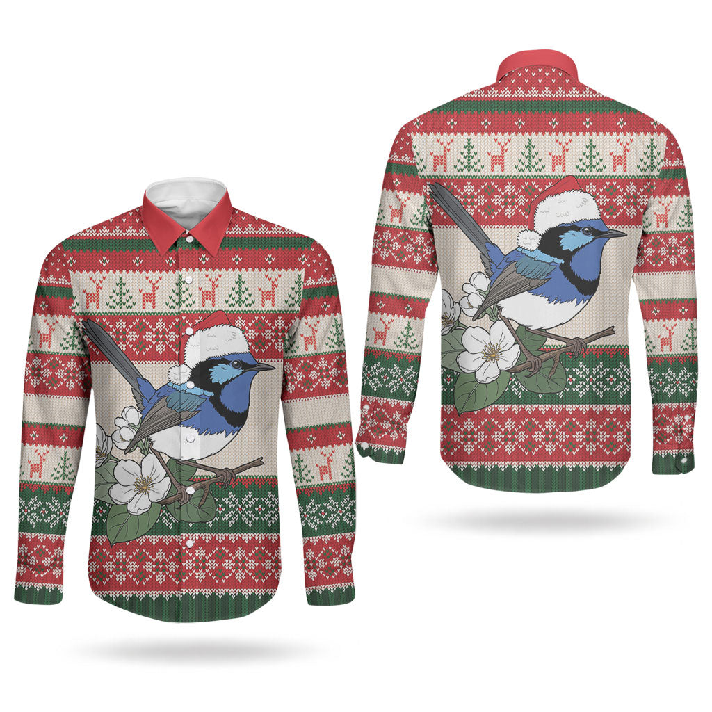 Aussie Fairy-wren Christmas Couples Matching Off Shoulder Maxi Dress and Long Sleeve Button Shirt Festive Knitted Pattern Inspired