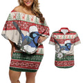 Aussie Fairy-wren Christmas Couples Matching Off Shoulder Short Dress and Hawaiian Shirt Festive Knitted Pattern Inspired