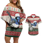 Aussie Fairy-wren Christmas Couples Matching Off Shoulder Short Dress and Hawaiian Shirt Festive Knitted Pattern Inspired