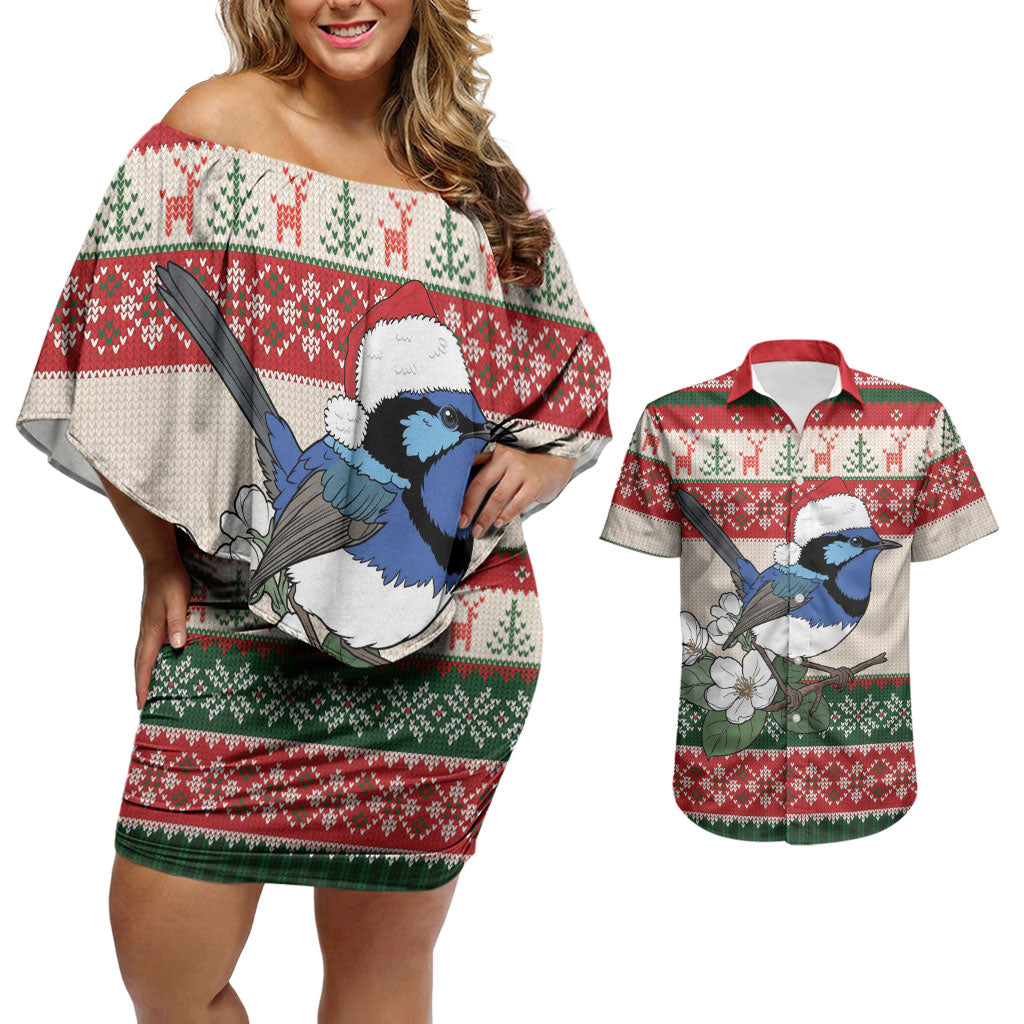 Aussie Fairy-wren Christmas Couples Matching Off Shoulder Short Dress and Hawaiian Shirt Festive Knitted Pattern Inspired