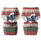 Aussie Fairy-wren Christmas Couples Matching Off Shoulder Short Dress and Hawaiian Shirt Festive Knitted Pattern Inspired
