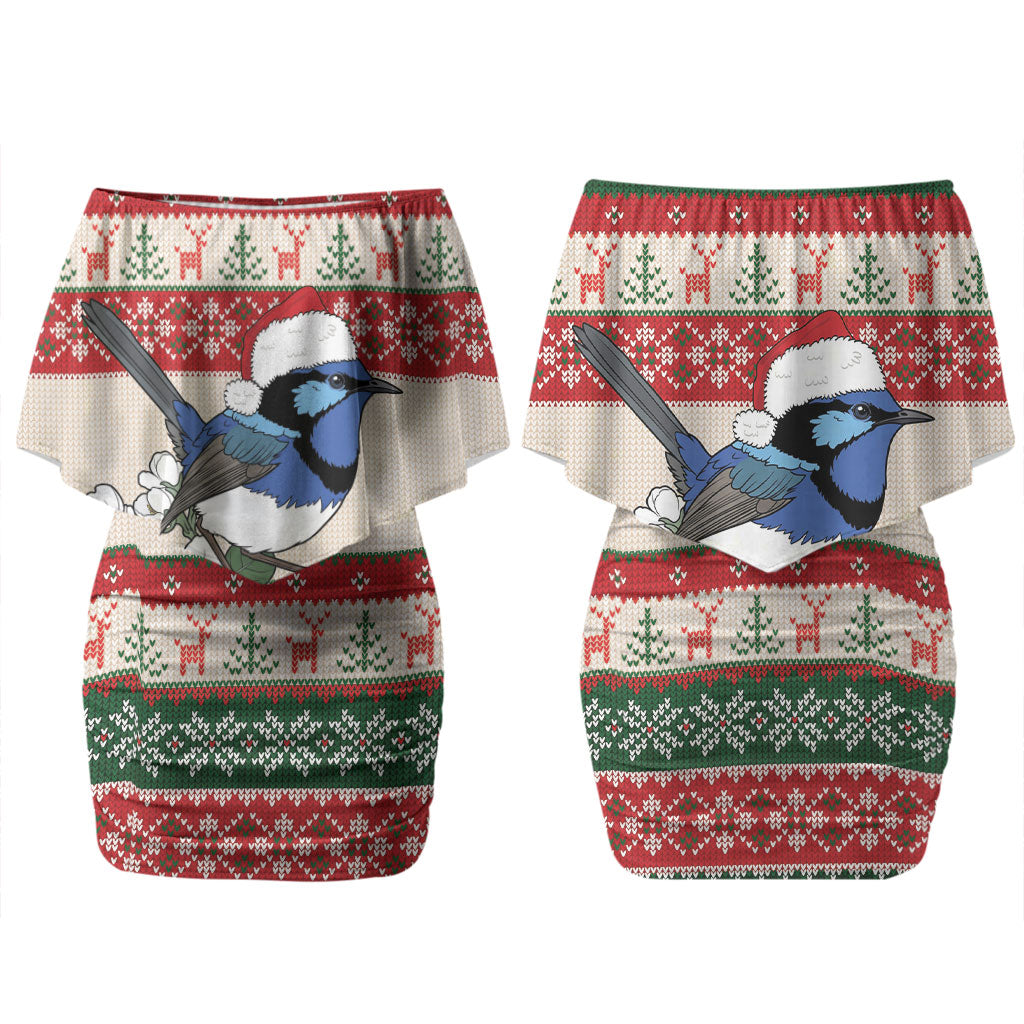 Aussie Fairy-wren Christmas Couples Matching Off Shoulder Short Dress and Hawaiian Shirt Festive Knitted Pattern Inspired