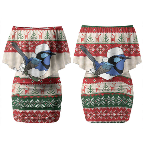 Aussie Fairy-wren Christmas Couples Matching Off Shoulder Short Dress and Hawaiian Shirt Festive Knitted Pattern Inspired