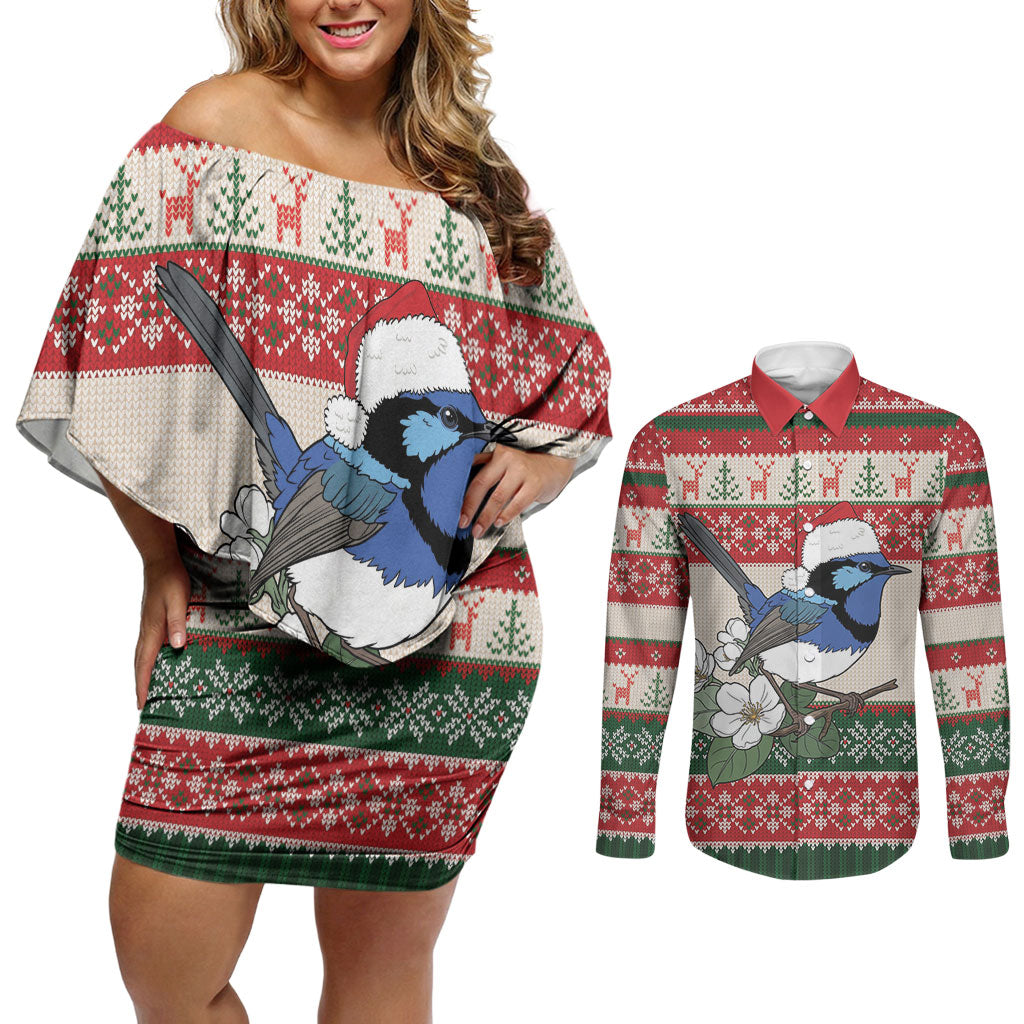 Aussie Fairy-wren Christmas Couples Matching Off Shoulder Short Dress and Long Sleeve Button Shirt Festive Knitted Pattern Inspired
