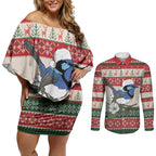 Aussie Fairy-wren Christmas Couples Matching Off Shoulder Short Dress and Long Sleeve Button Shirt Festive Knitted Pattern Inspired