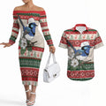 Aussie Fairy-wren Christmas Couples Matching Off The Shoulder Long Sleeve Dress and Hawaiian Shirt Festive Knitted Pattern Inspired