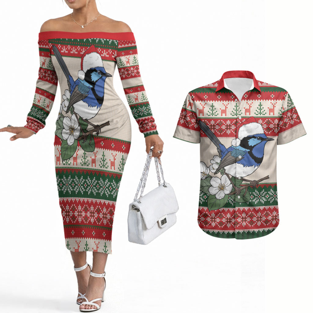 Aussie Fairy-wren Christmas Couples Matching Off The Shoulder Long Sleeve Dress and Hawaiian Shirt Festive Knitted Pattern Inspired