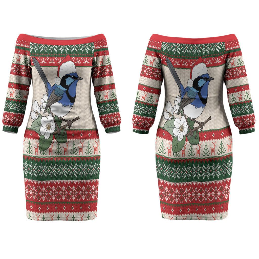 Aussie Fairy-wren Christmas Couples Matching Off The Shoulder Long Sleeve Dress and Hawaiian Shirt Festive Knitted Pattern Inspired