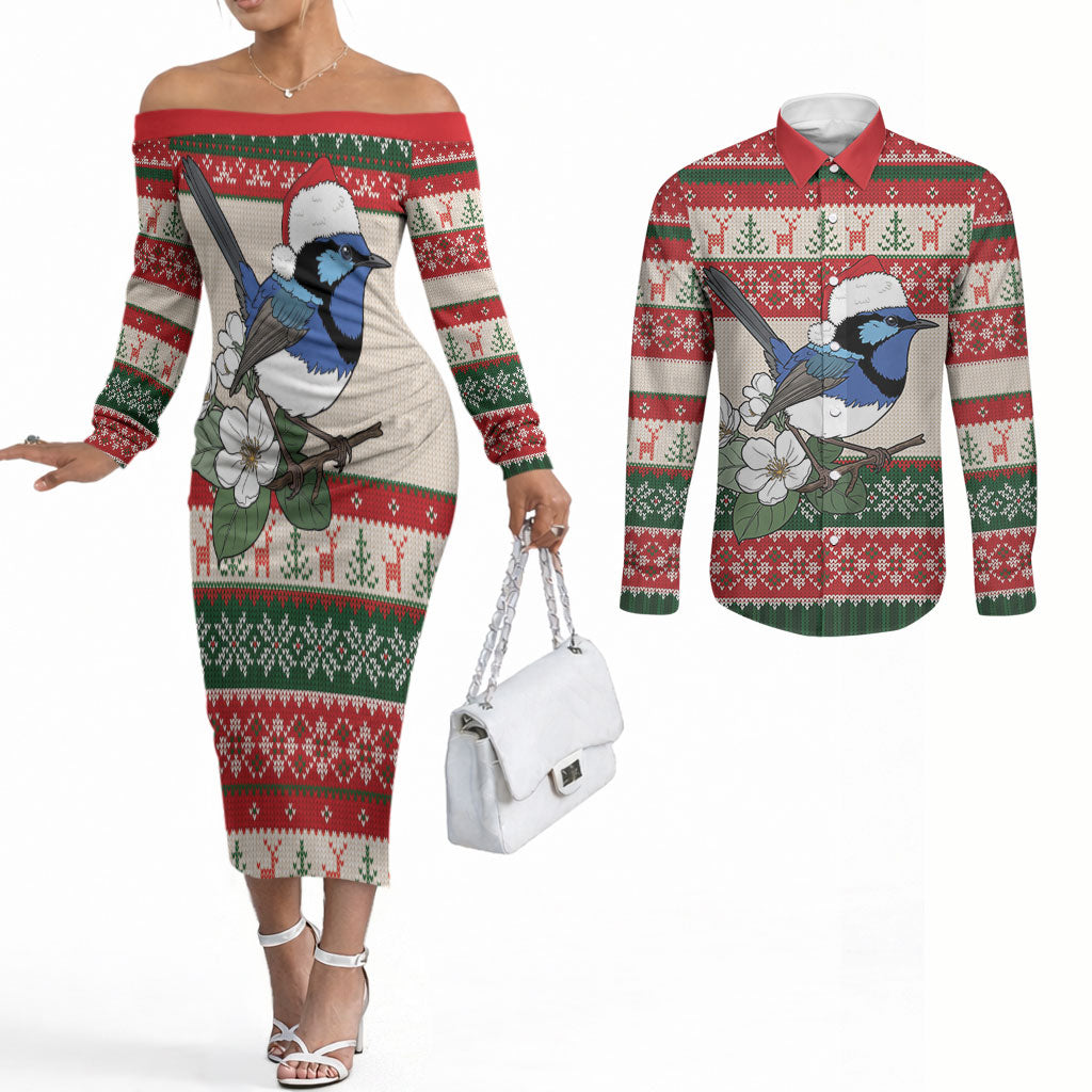 Aussie Fairy-wren Christmas Couples Matching Off The Shoulder Long Sleeve Dress and Long Sleeve Button Shirt Festive Knitted Pattern Inspired