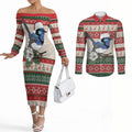 Aussie Fairy-wren Christmas Couples Matching Off The Shoulder Long Sleeve Dress and Long Sleeve Button Shirt Festive Knitted Pattern Inspired