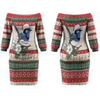 Aussie Fairy-wren Christmas Couples Matching Off The Shoulder Long Sleeve Dress and Long Sleeve Button Shirt Festive Knitted Pattern Inspired