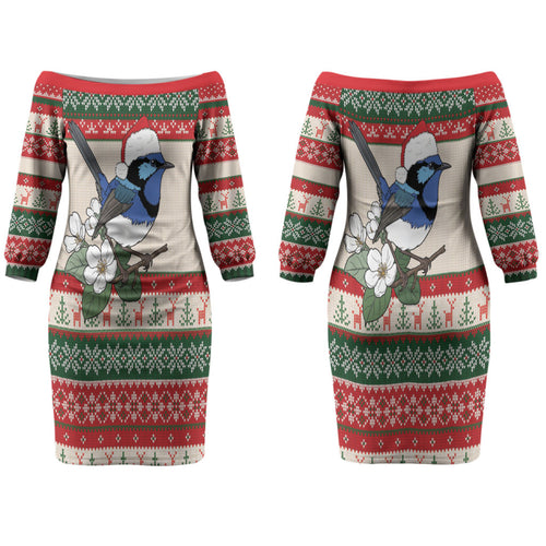 Aussie Fairy-wren Christmas Couples Matching Off The Shoulder Long Sleeve Dress and Long Sleeve Button Shirt Festive Knitted Pattern Inspired
